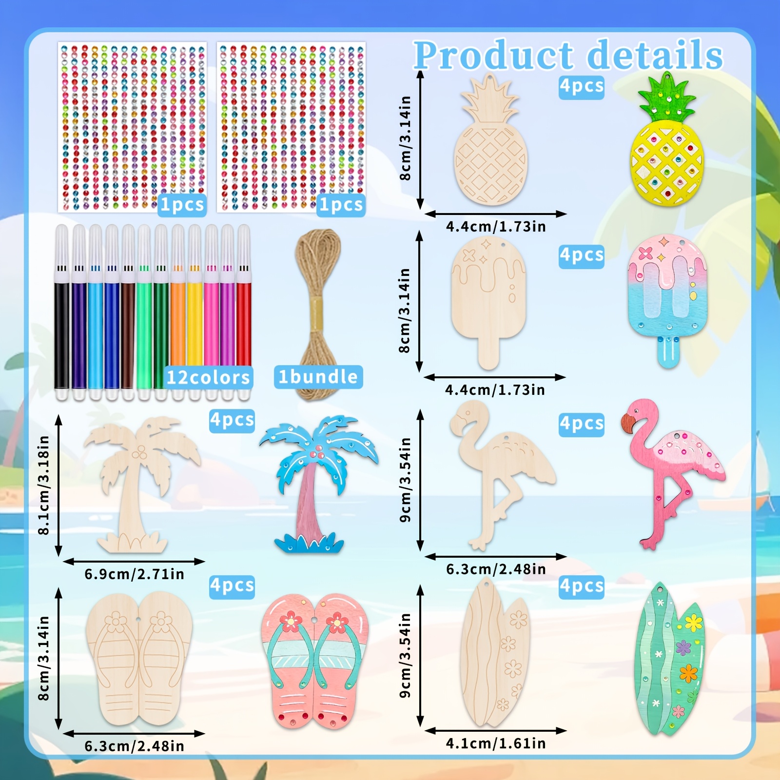 39pcs Wooden Craft Set For Children Aged 3 And Up | 24 Easy-to-paint Beach-themed Wooden Shapes, 12 Safe Washable Markers, Stickers, And String | Ideal For Homeschooling, Birthday Presents, And Crafts