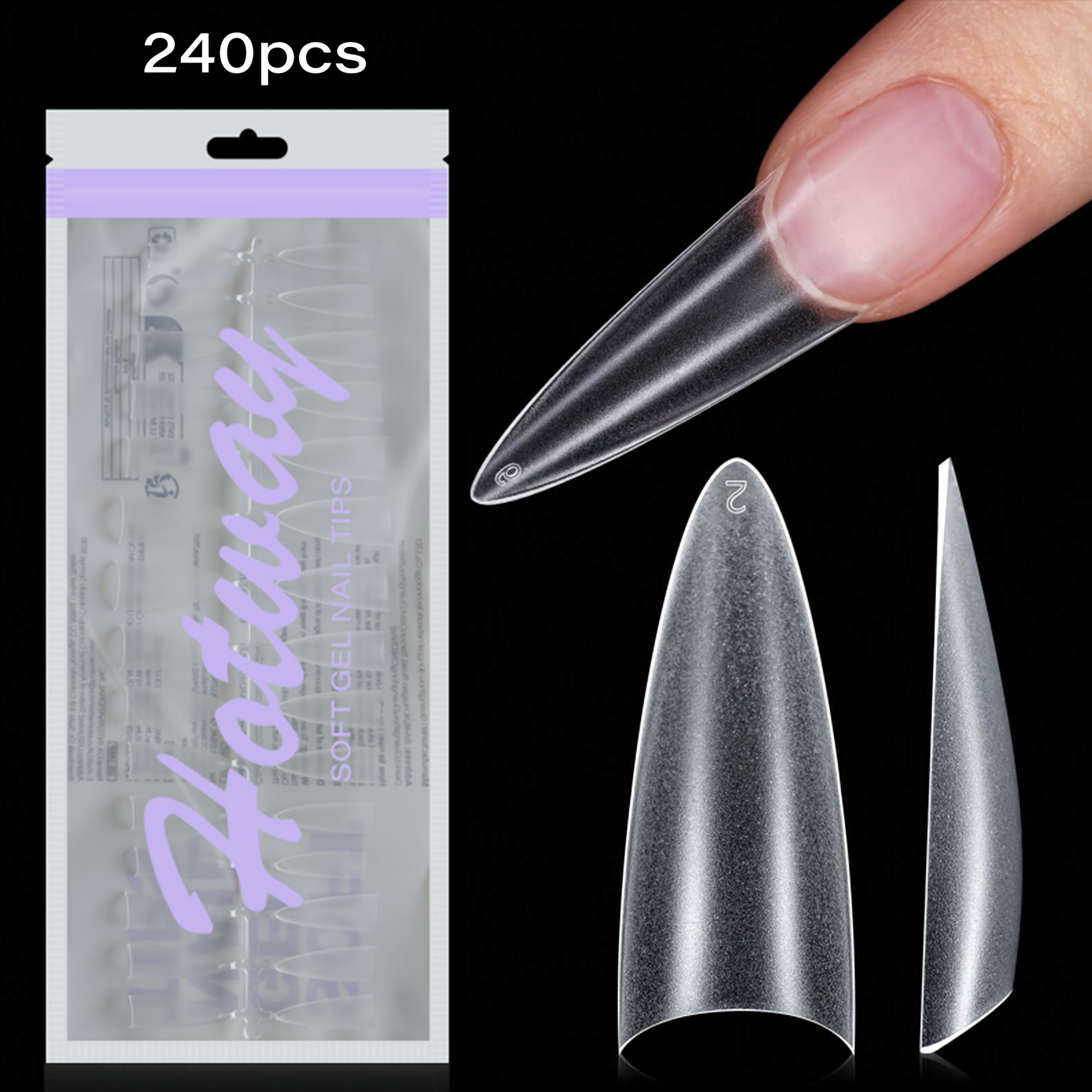 TEMU 120 And 240 Long Almond-shaped Acrylic Nail Tips, 15 Sizes, Matte Semi-cover, Home Diy Or Gifting - Essential For Women's Nail Care