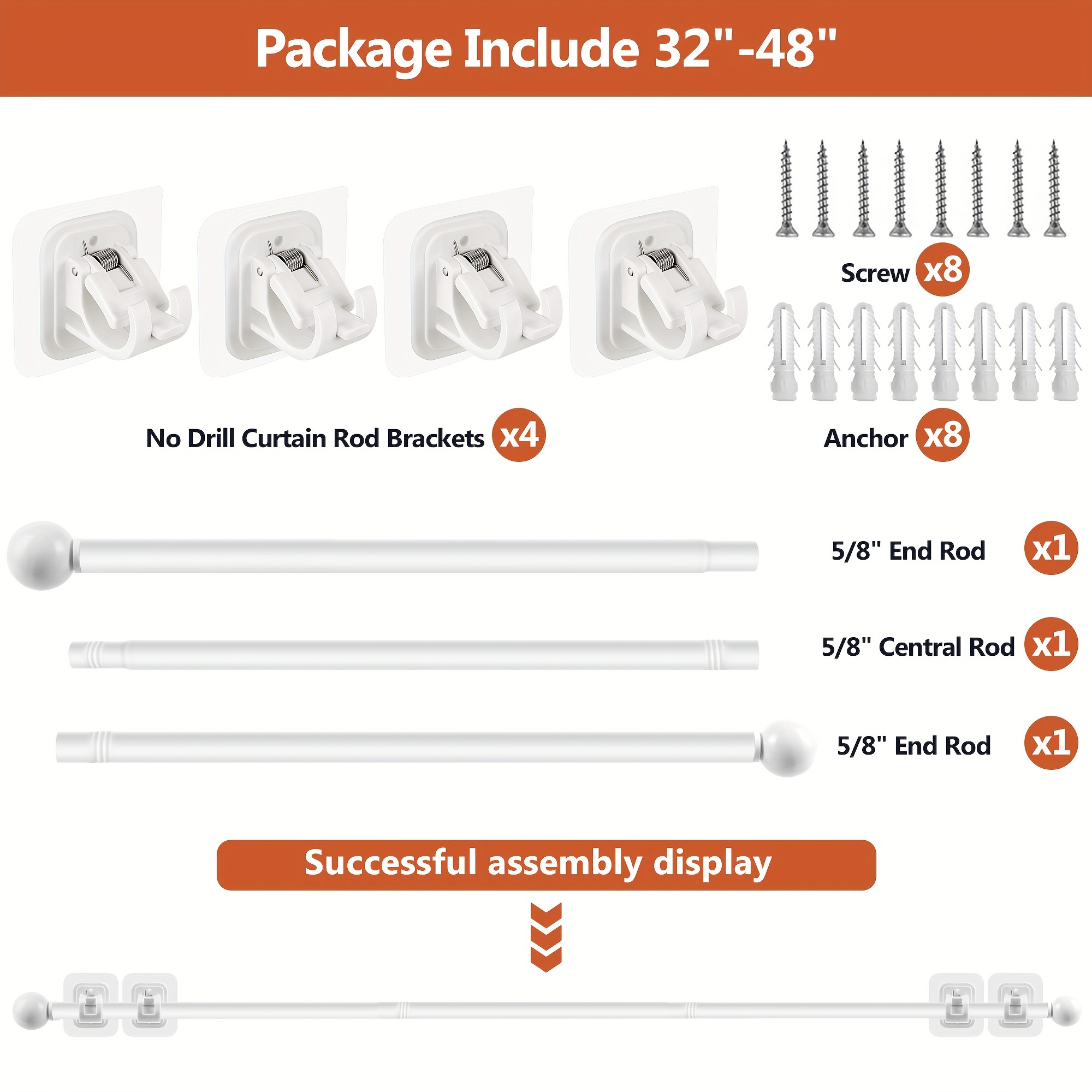 White No Drill Curtain Rod with Upgrade Dual Support Brackets
