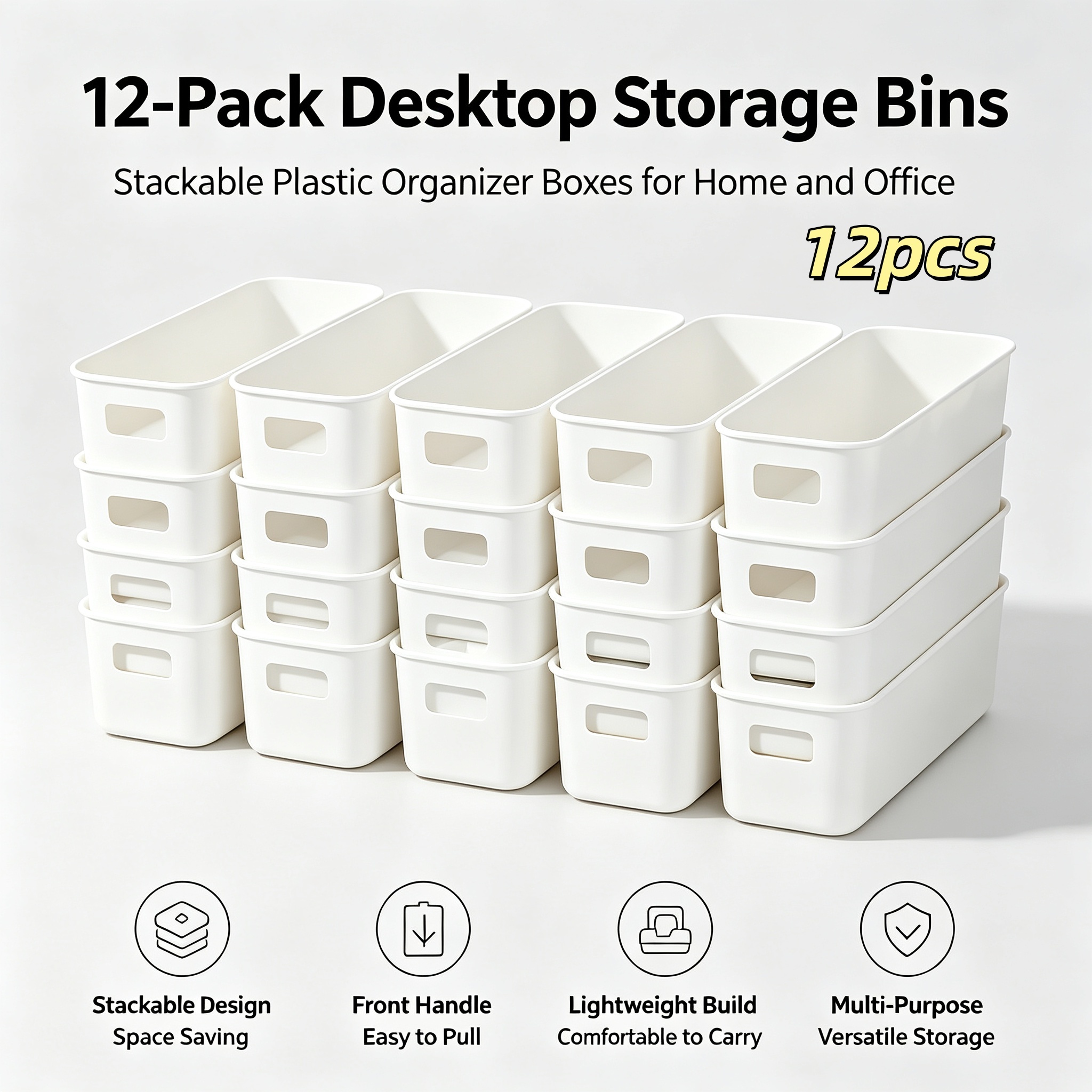 TEMU 12pcs Portable Desktop Storage Box With Handles - Suitable For Office Supplies, Accessories, Cosmetics, Socks, Underwear, Etc. Durable,