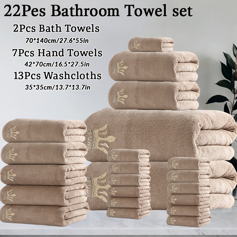 E-shop 8er-/-Set einfarbige, superweiche Korallen-Handtücher mit bestickter Krone, 70 x 140 cm Badetuch, 42 x 70 cm Handtuch 35 x 35 cm Handtuch;