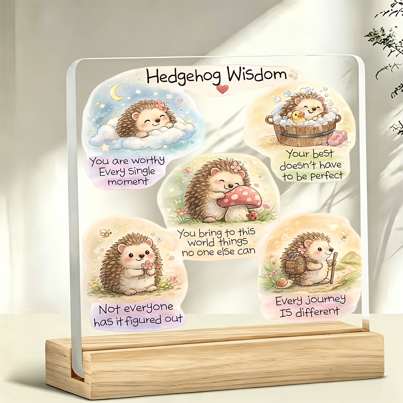TEMU 2d Flat, 1pc Cute Hedgehog "" Pattern Slogan Decorative Plaque And Ornament, Acrylic Standee, Desktop Decoration, Office Desk And Bar Decor,
