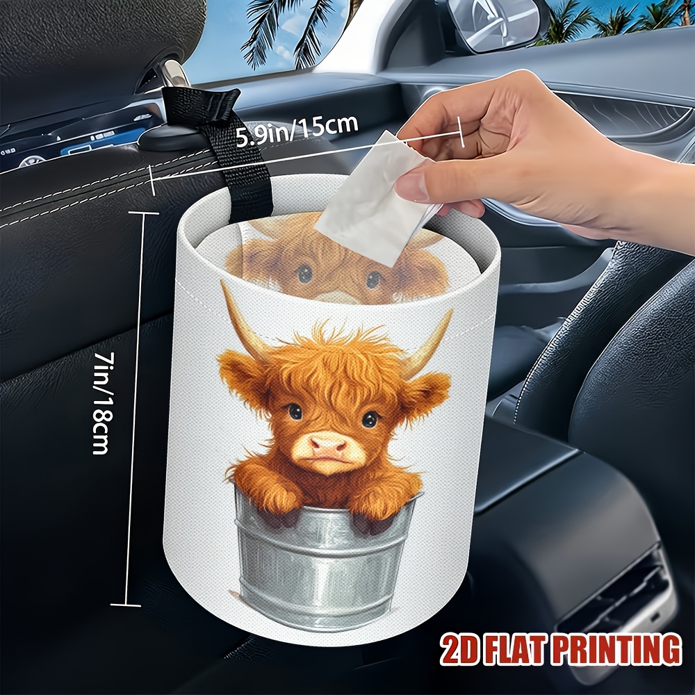 TEMU 1pc Adorable Highland Cow Print Car Trash Bin - Durable, Cars, Perfect For Camping & Kitchen - Stylish Vehicle Garbage Organizer With Handle