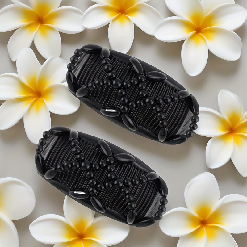 Image of 2pcs Adjustable Double Slide Bead Comb Hair Clip For Women And - Stretchy Elastic Hair Accessory For Easy Hair Styling