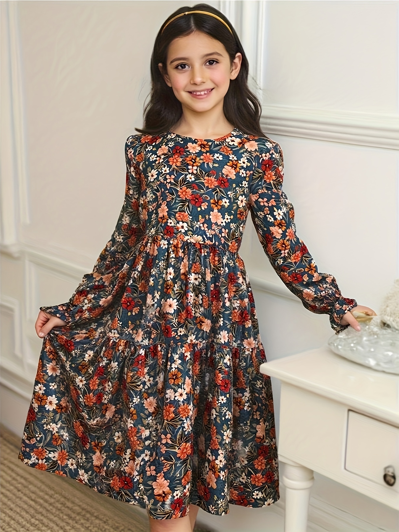 Floral * Dress, Girls' Floral Print * Sleeve Dress *-Length A-Line * Dress,  Round Neck, Non-Stretch Fabric * Casual Or Formal Occasions, Elegant *-Size  * Clothing