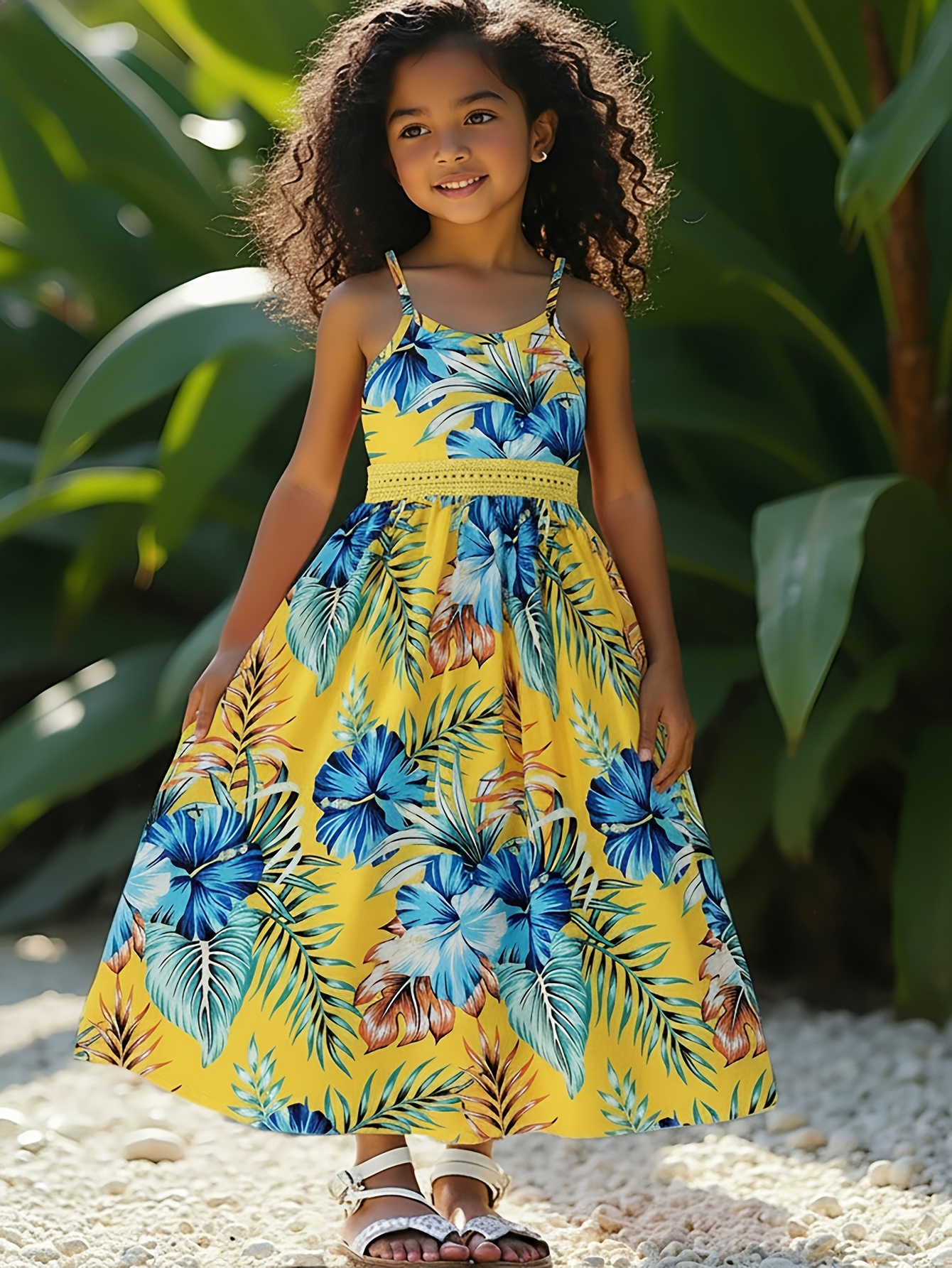 Girls' Leaf Print Beach Maxi Dress – Sophisticated Lace Waist Summer Gown