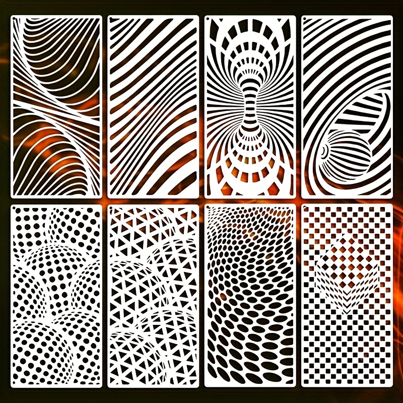 Image of 8pcs Reusable Template, 5.5 X 11 Inches, Dynamic Texture, Geometric Shape, Used For Painting, Spray Painting, Mural Painting, Surfaces, Polyester, Crafts, Invitations, Walls, Etc