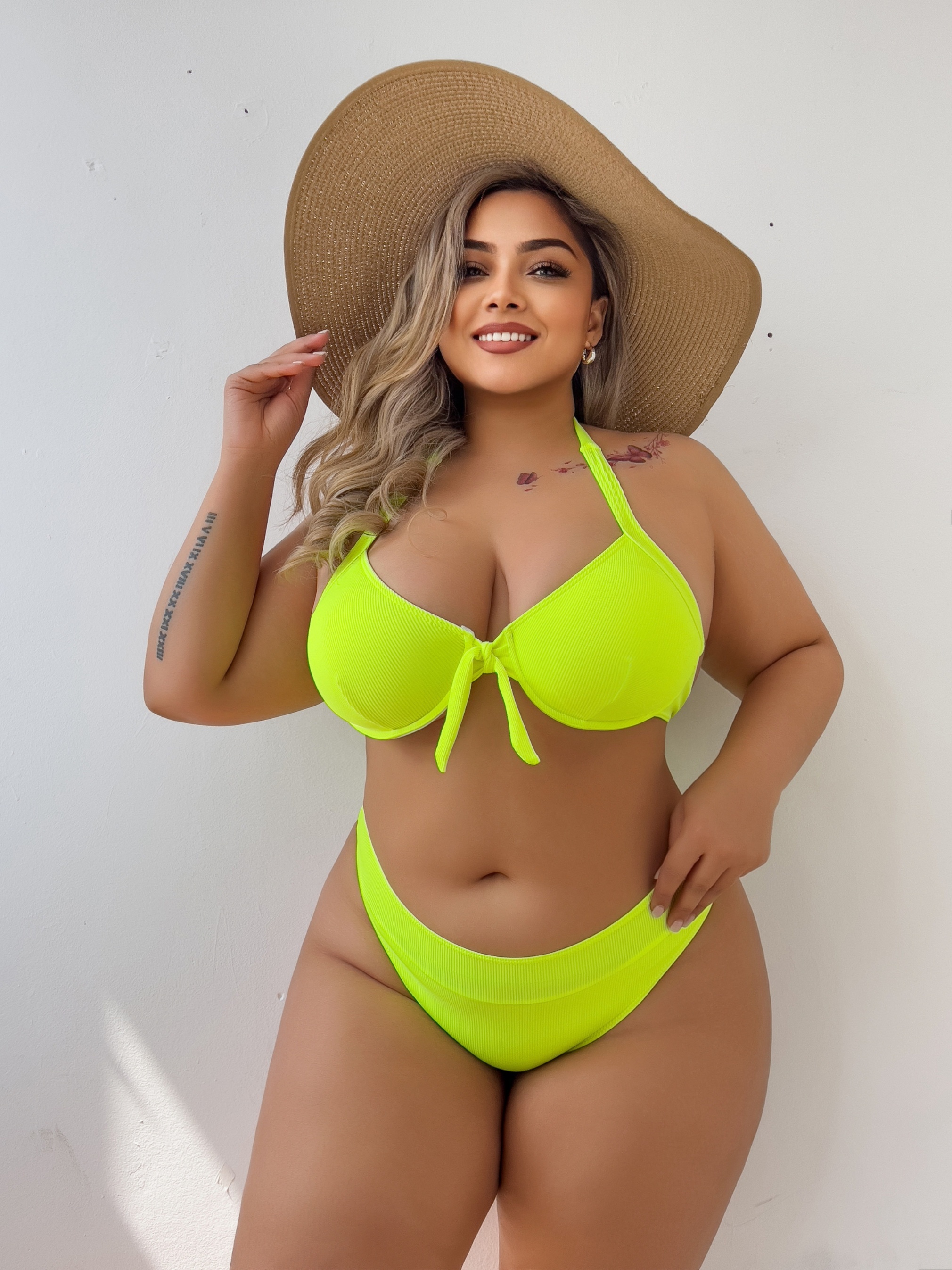 Plus Size Sexy Bikini Set Women s Plain Neon Green Knot Temu