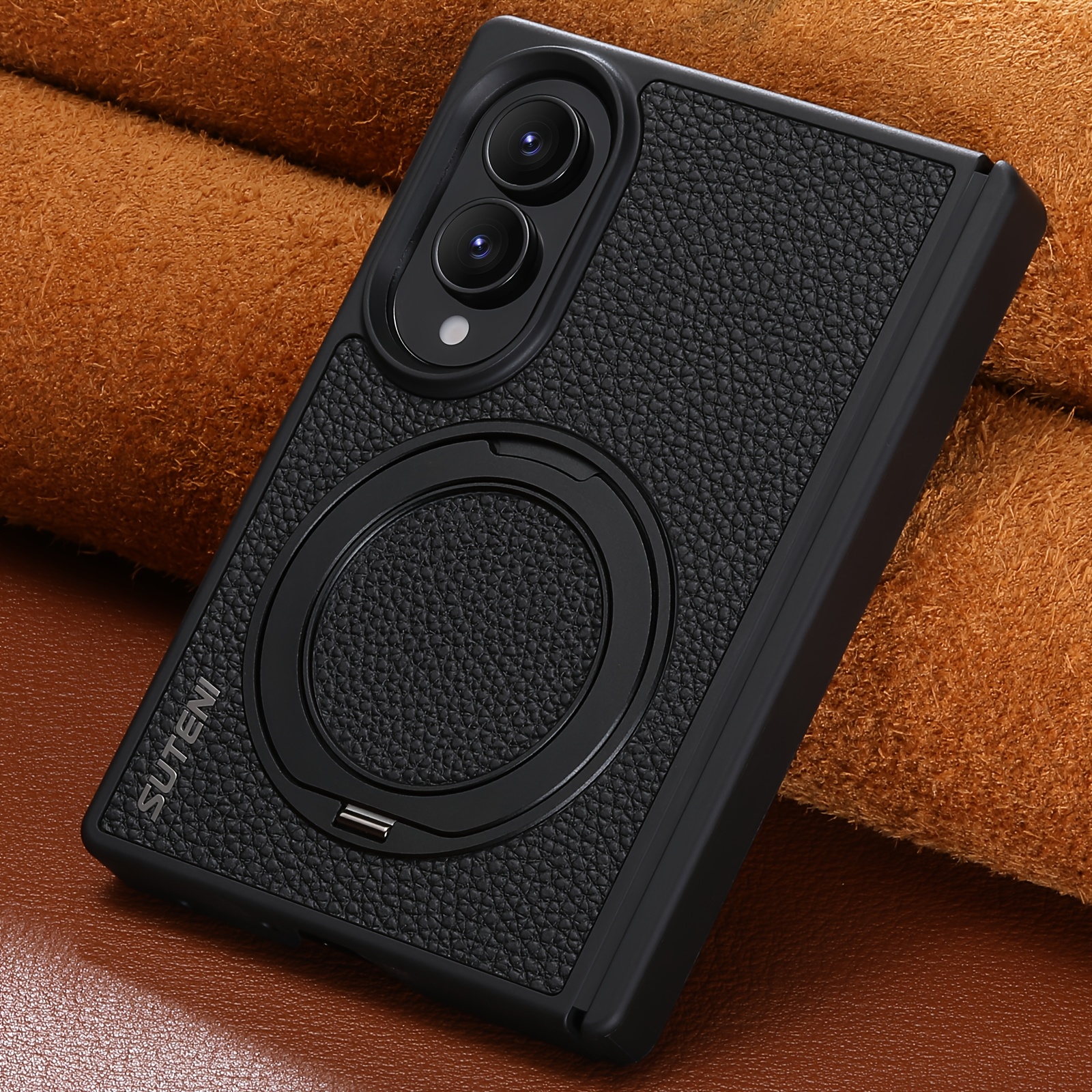 TEMU Phone Case: Suteni For Galaxy Z Fold 8 Equipped With Central Axis Protection Luxury Synthetic Leather Magnet Wireless Charging Phone Case 360°