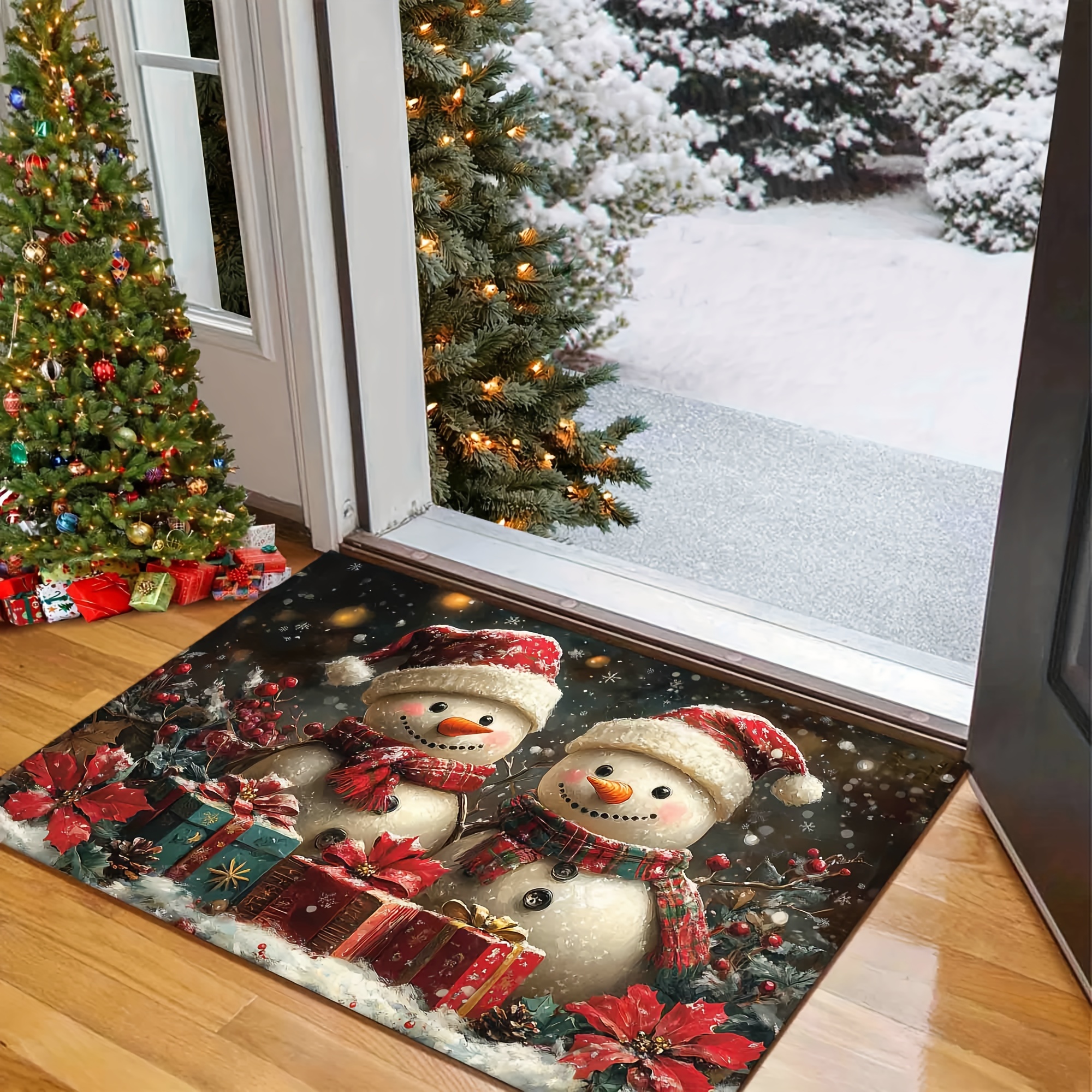 christmas snowman doormat 1pc lightweight washable non slip rubber backed braided polyester welcome mat for   room bathroom balcony machine made christmas holiday decor details 8