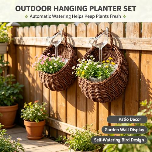 item picture 2pcs 1pc wall mounted handcraft flower basket and 1 shaped drip irrigation round design easy and good looking woven natural texture with liner for convenient planting hook design for easy hanging compact size