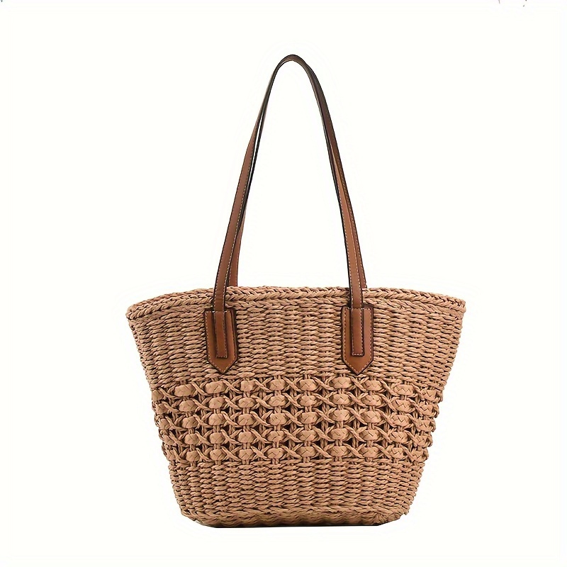 Image of Large-capacity Straw Woven Bag, Niche Woven Bag, Summer Seaside Vacation Beach Bag, Handheld And Shoulder Tote Bag, Mother's Day, Easter, Valentine's Day, Holiday, Birthday Gift