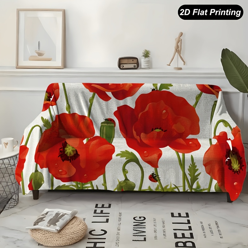TEMU 1pc Red Poppies Green Stems Fall Sofa Cover Slipcover For 1-4 Seater Sofas, Perfect For Living Room, Bedroom Or Office Decor, Festive Accent,
