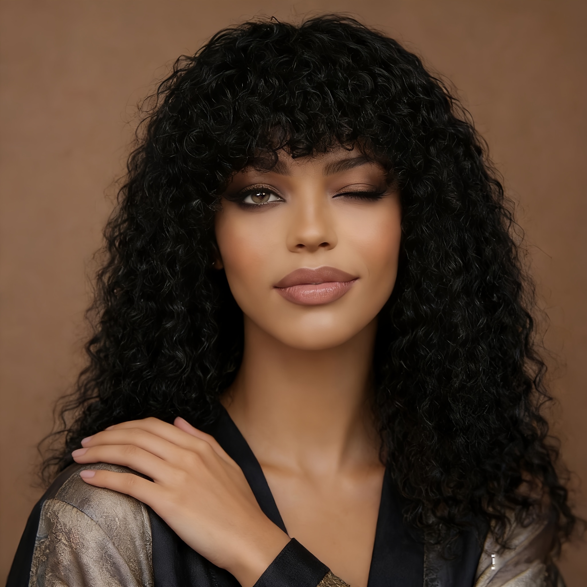 Image of Women's 250% Density Human Hair Wig Suitable For Hair - Loose Wave Curly Wig With Bangs, Cap For Daily Use, Parties, Ramadan, 's Day, Hairstyle (comfortable Cap, Basic Design)