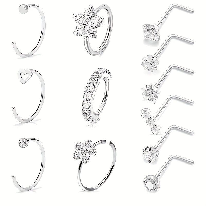 Image of 1set 20g Nose Rings Studs Hypoallergenic 316l Surgical Steel Shaped Screw Nose Rings Hoops Synthetic Zirconia Flowers Nose Piercing Jewelry For Women Men Nose Piercing Jewelry Kit