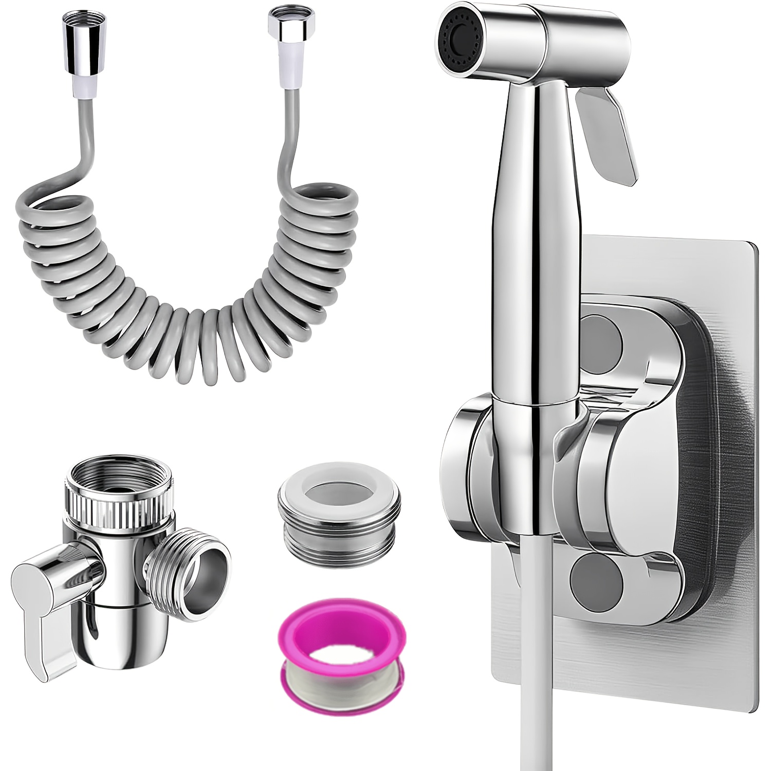 Image of 5pcs Handheld Toilet Sprayer Set, Stainless Nozzle With 1.5m Hose And Faucet Diverter For Toilet Flushing, With Paste Pad For Water Pipes, Toilets, Bidets And Showers