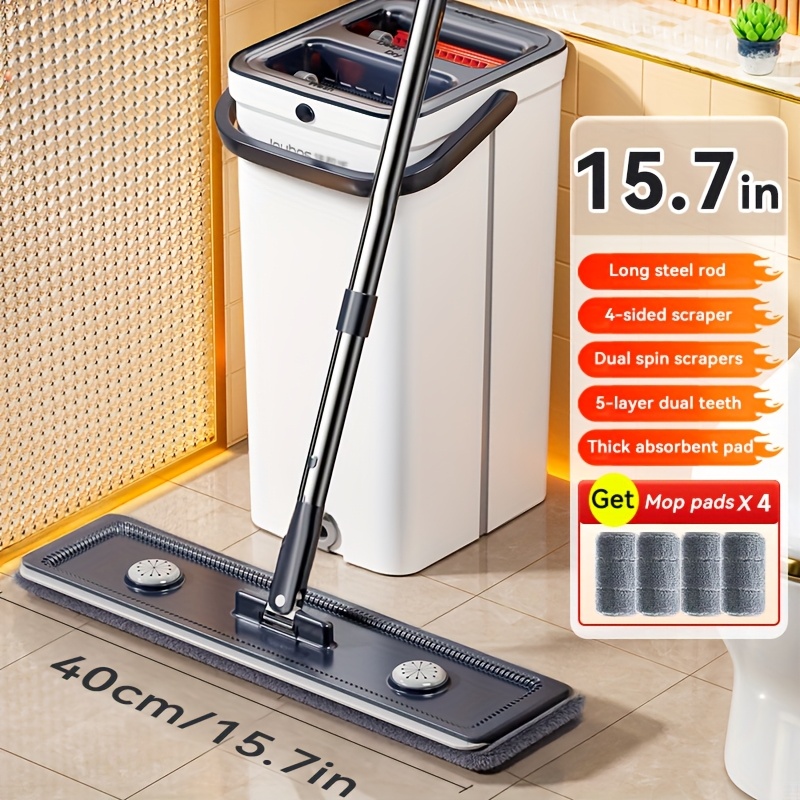 E-shop Wischmopp Eimer mit Wringer Set, Hände-freier Flachbodenmopp Eimer, 4 waschbare Mikrofaserpads inklusive, Nass- Trockenreinigung,