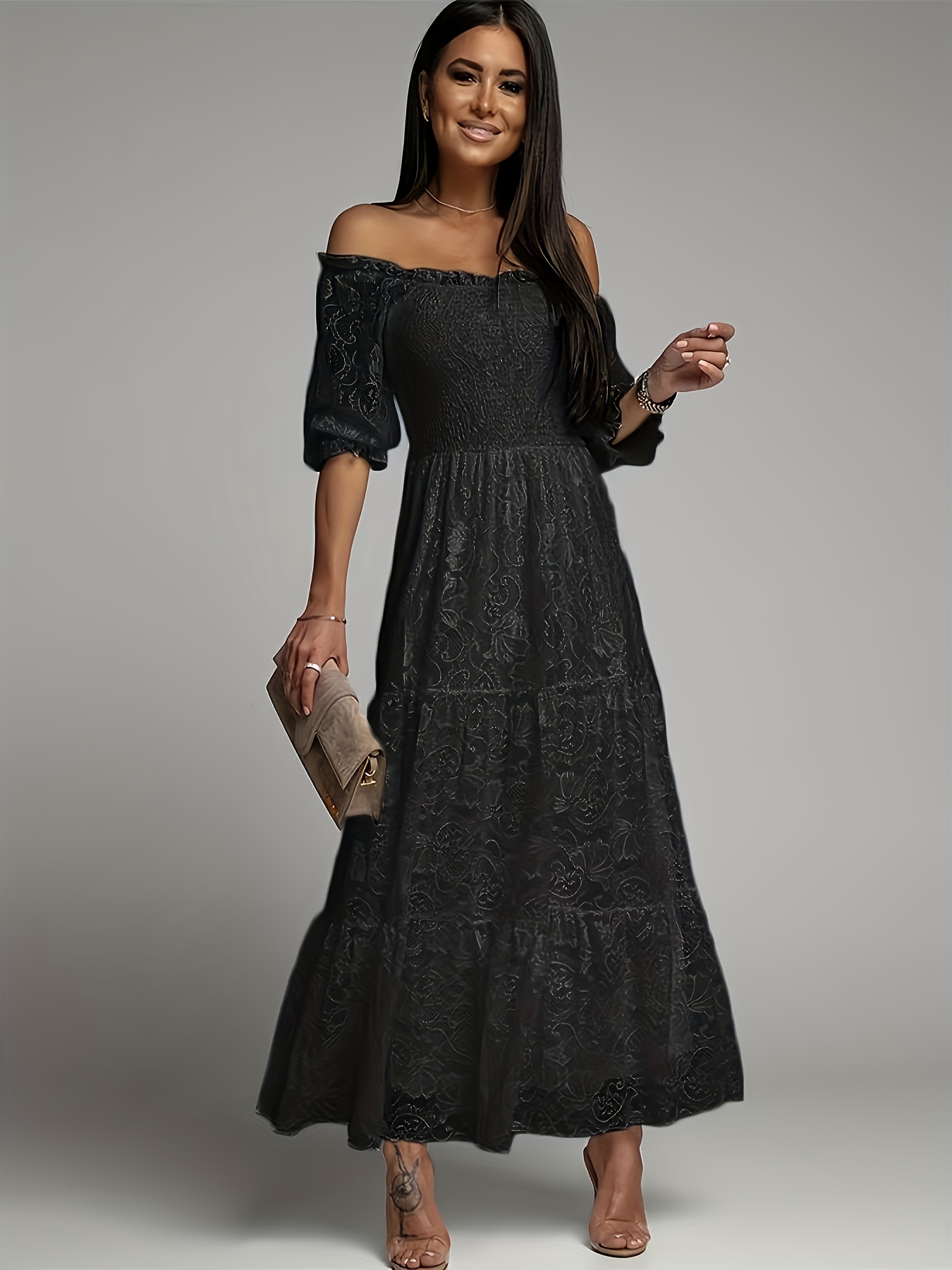 long sleeve womens formal dress Plus Size Womens Satin Formal Dress Long Sleeves Sparkle Prom Gown Dusty Pink / 1XL