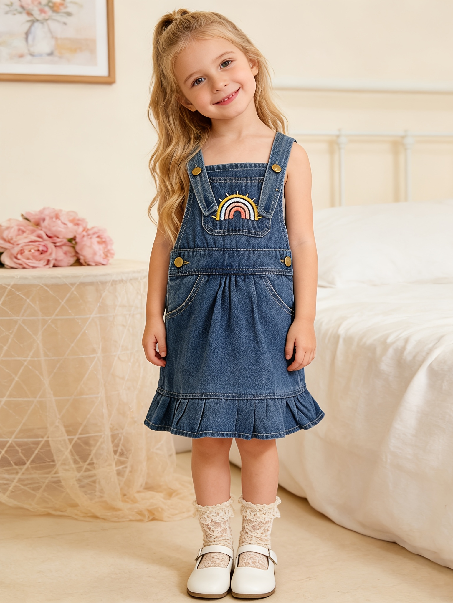 j crew embroidered long sleeve midi dress Pumpkin Patch, vintage embroidered denim overalls dress / pinafore, GUC,  size 7, L: 70cm – DaisyChainClothing main image 1