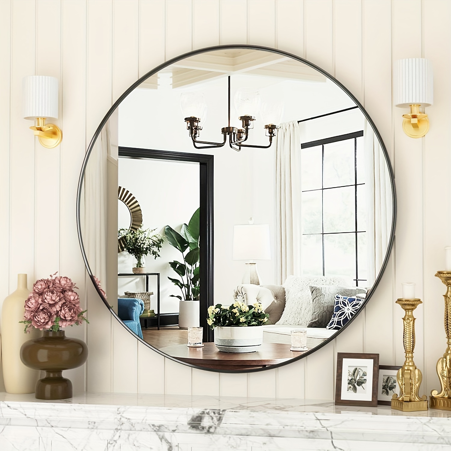A.T.Lums 24 Inch Black Round Mirror, Wall Mounted Circle