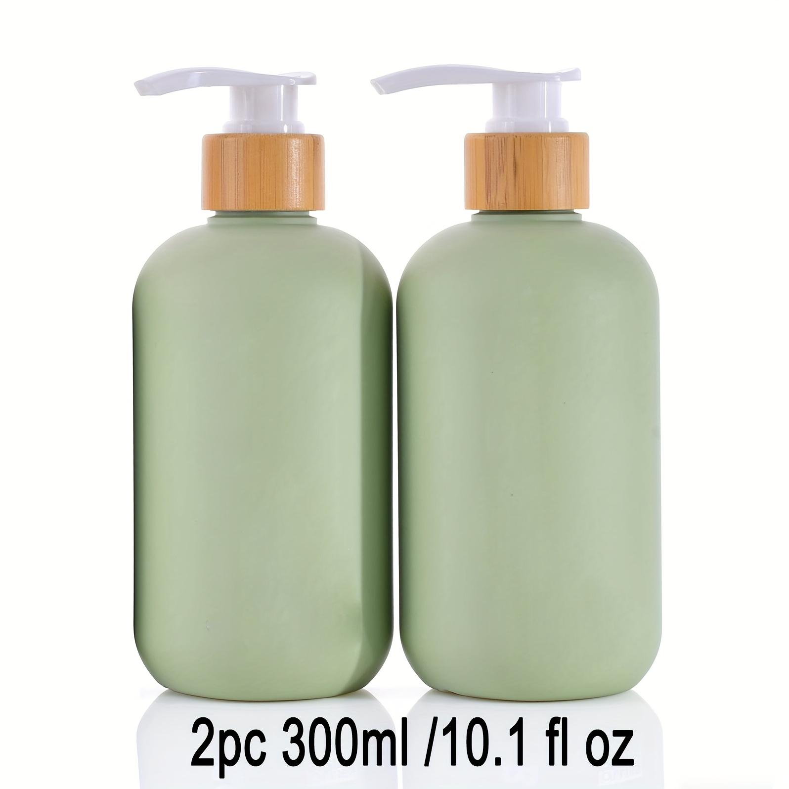 Image of 2pcs 300ml/10.1oz Green -like Refillable Lotion And Shampoo Dispenser, Push Pump, Reusable Bottle For Bathroom And Travel, With Bamboo And Plastic Lids