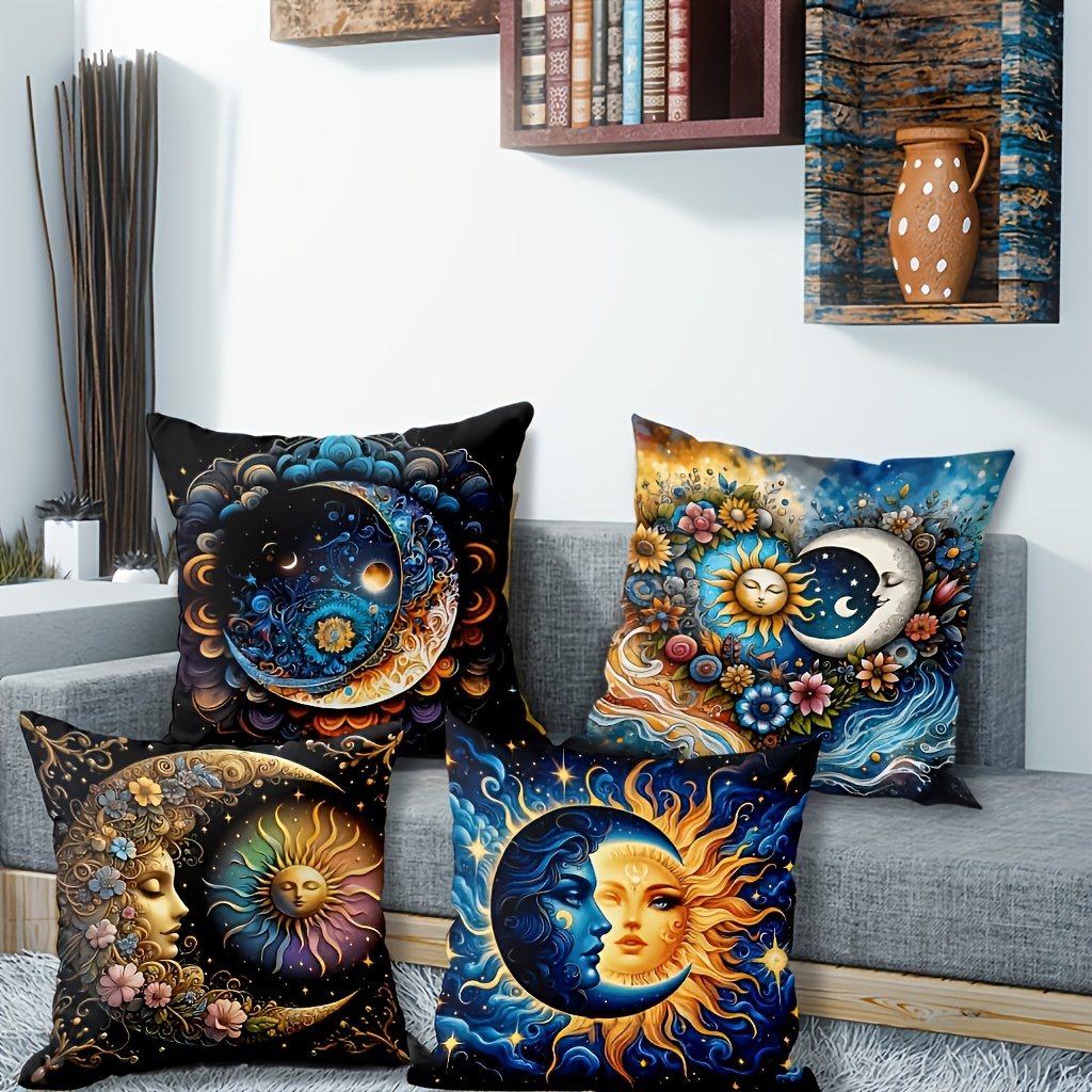 TEMU 4pcs Starry Sky Throw Pillow Covers, Colorful Sun Moon Planet Pattern Double-sided Print, Zipper Closure Machine Washable Polyester Cushion