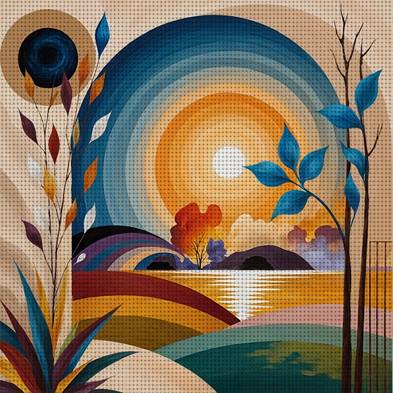 TEMU 1 Kit de Broderie Croix DIY Imprimé, Cadre, Motif "Paysage Coloré de Soleil ", Parfait pour les Débutants pour se Détendre et Créer, le Complet