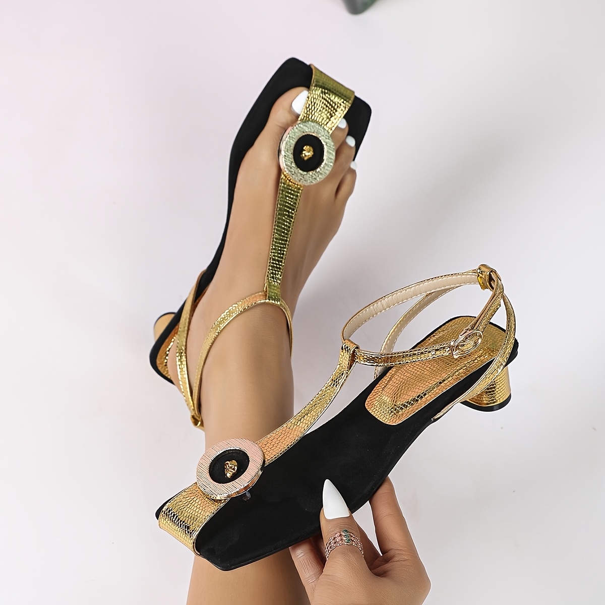 Women's Black & Golden Gladiator Sandals - Square Toe, Chunky heel, Synthetic Cover - for Parties, Beach, Formal Events - Cushioned Insole & Non-Slip TPR Outsole - Summer Shoes, Chunky Heel Sandals, Party Footwear, Elegant Footwear, Embellished Details