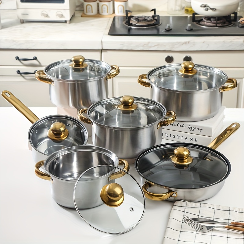 

Classic Cookware Set 12-piece Stainless Steel Pots And Pans Set, Kitchen Cooking Set With Gold Handle, Heat Resistant Easy To Frying Pan For All Cooktop