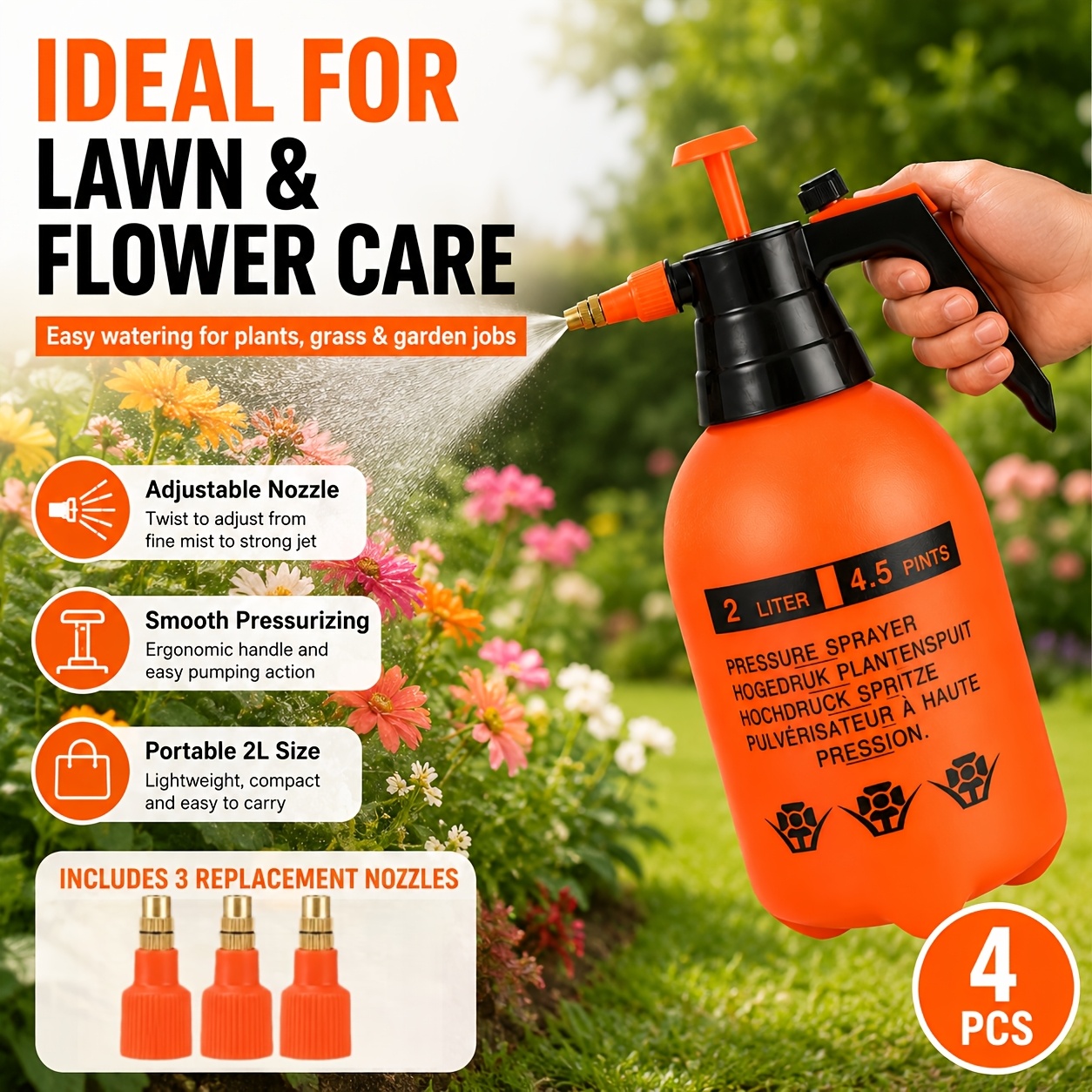 TEMU 4pcs Set Including 1pc Thickened Plastic 2--pressure Garden Sprayer And 3pcs Replacement Spray Nozzles, Adjustable Nozzle Handheld Watering Can