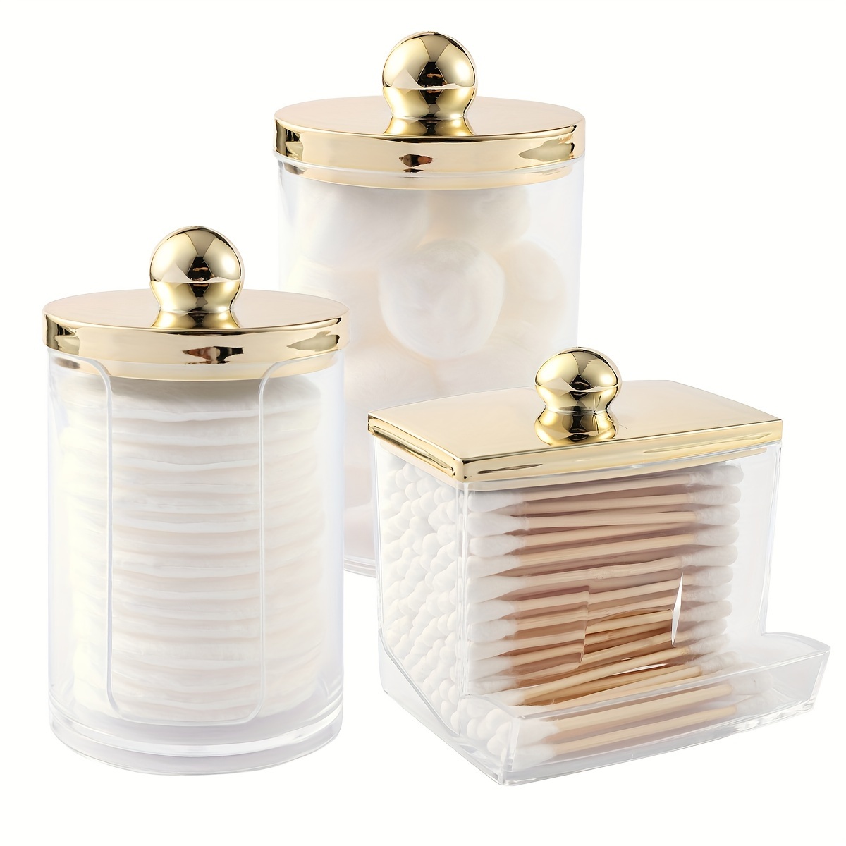 

Clear Plastic Jar Organizer With Golden Lid: Dispenser, Holder, And Storage For Cotton Swabs, Pads, And Floss Picks