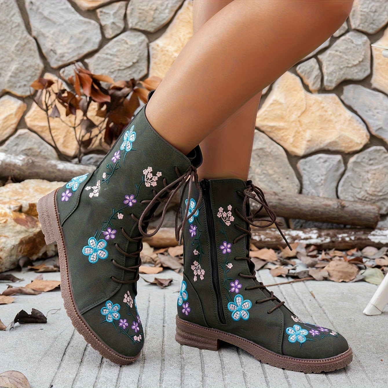 TEMU Women's Fashion Short Boots Vintage Thin Strap Mid-calf Boots With Country Embroidered Versatile Stylish Look, Women Shoes