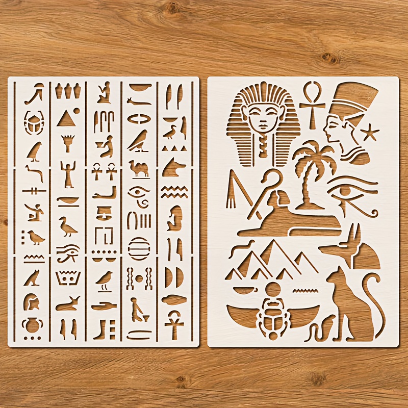 Image of 2pcs Egyptian Hieroglyphs Stencil, A4 Size Ancient Egyptian Alphabet Stencil Template For , Wall, Crafts Art Home Decor