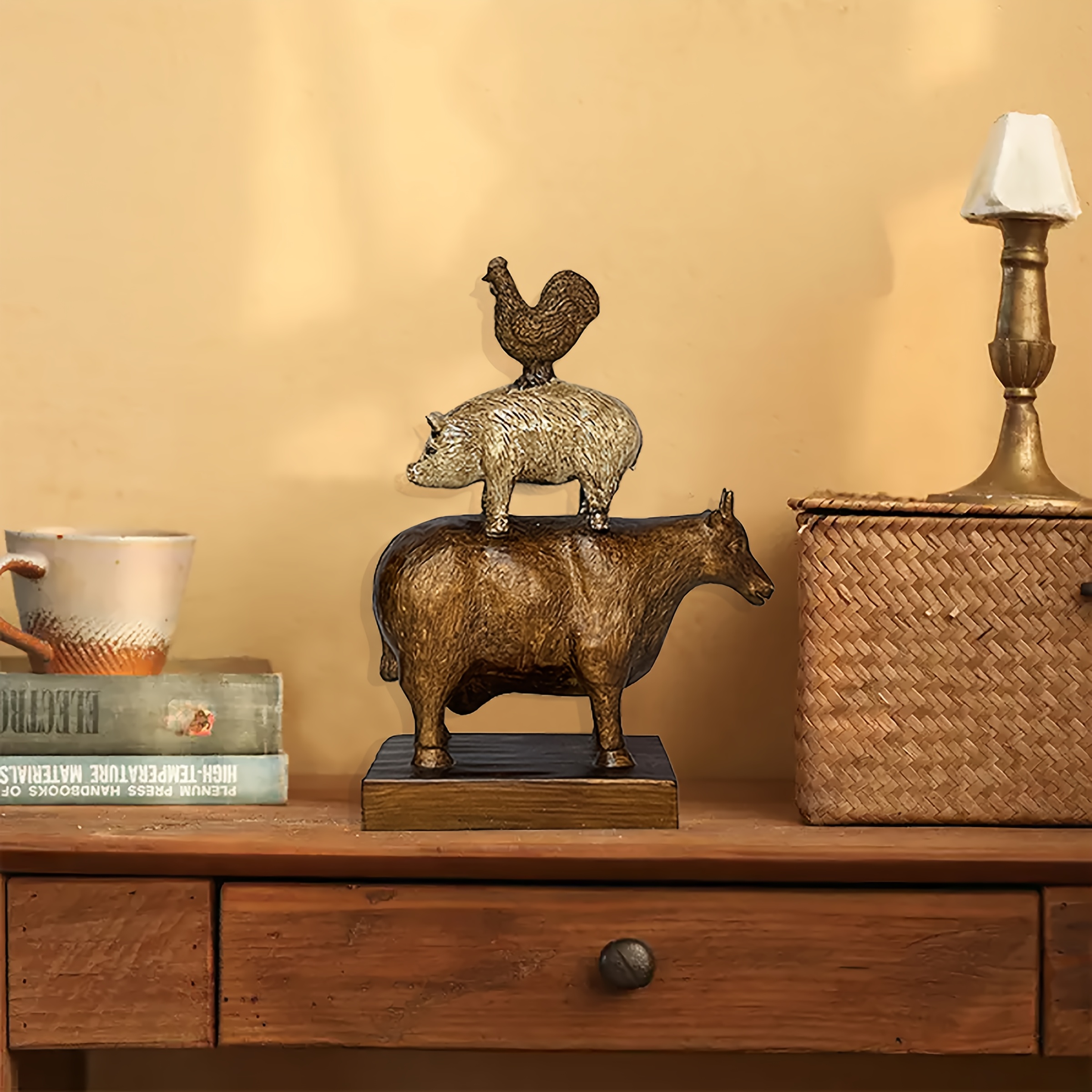 Image of A Farm Animal Stacking Statue - A Resin Rooster, Pig, And Cow Tabletop Decoration, Suitable For Home Settings Such As The Living Room, Bedroom, Hallway, And Coffee Table