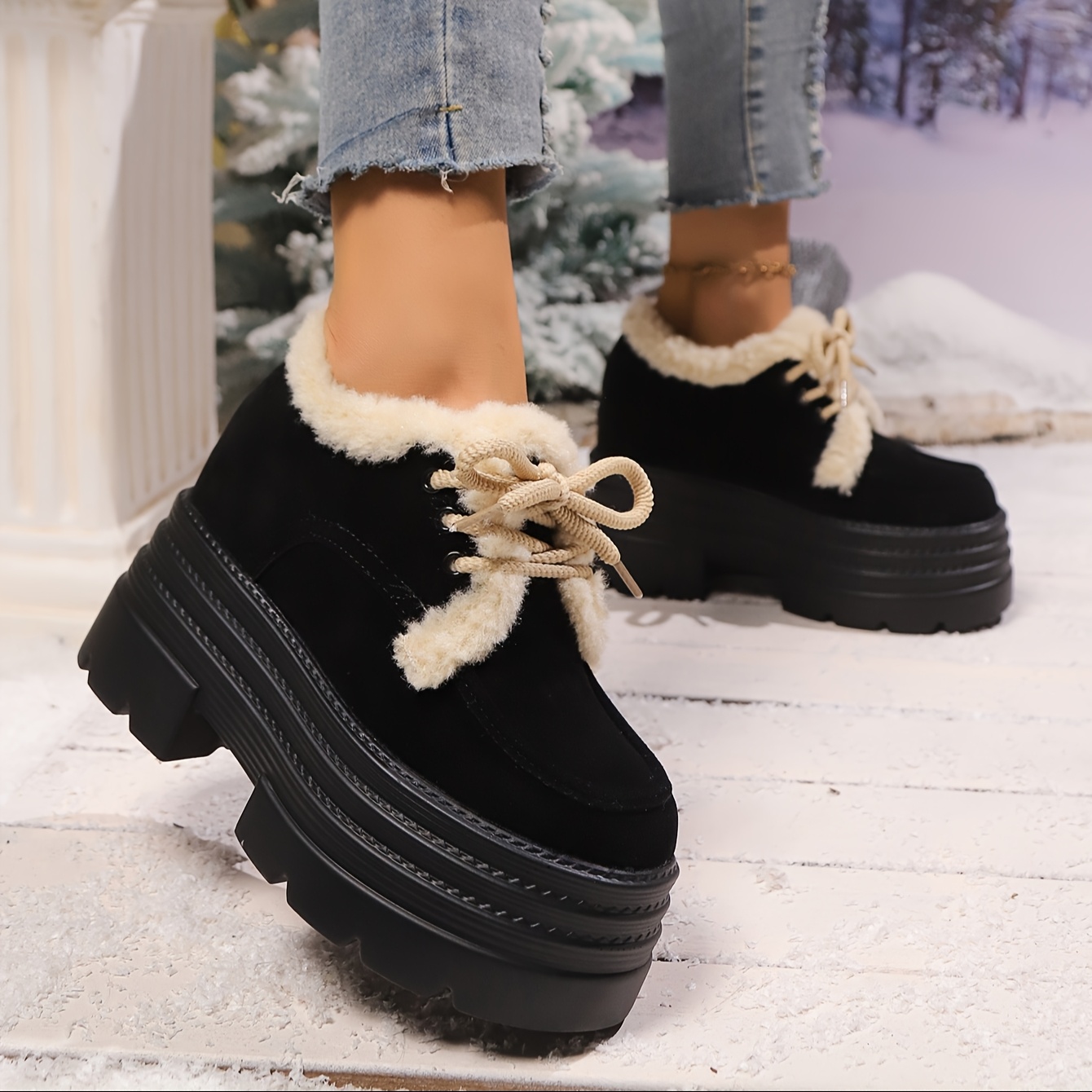 

2024 Autumn And Winter Pine Cake Heightening Casual Velvet Warm Furry Shoes Loafers