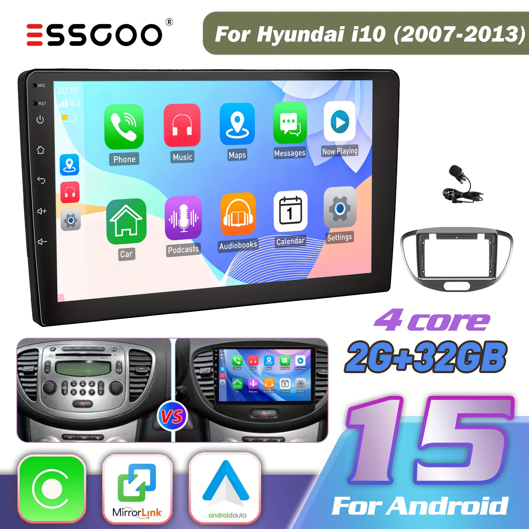 Image of Essgoo 9-inch 15 Car Stereo Designed For The For I10 (2007-2013) | 2din Ips Touchscreen Featuring & Auto | 2gb , 32gb Rom, Steering Wheel Control, , Fm Radio & Eq Sound Settings