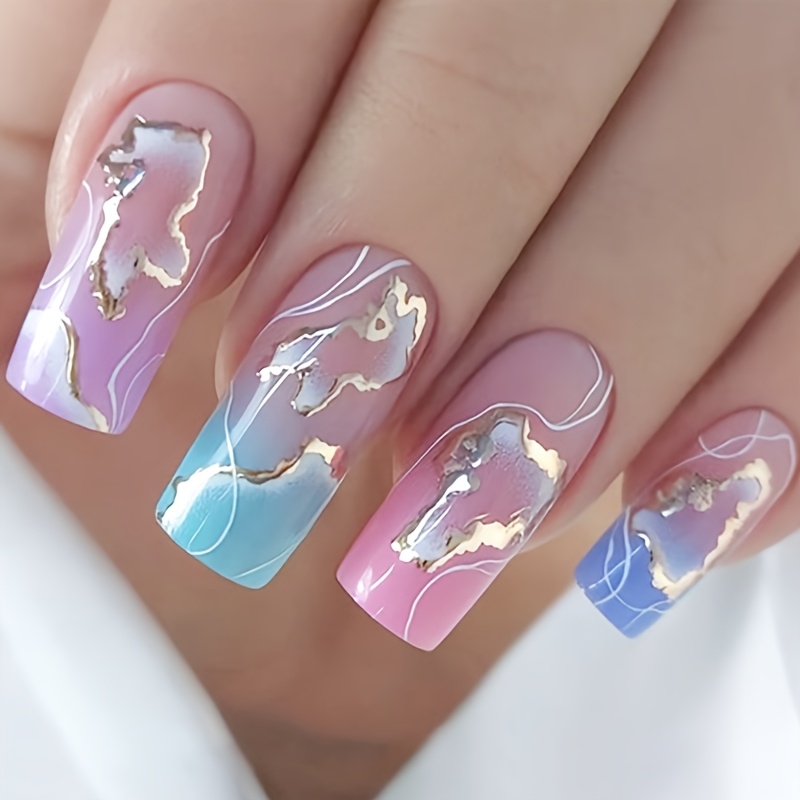 TEMU 24pcs Pastel Blue Gradient Marble Cloud Medium Square Press On Nails