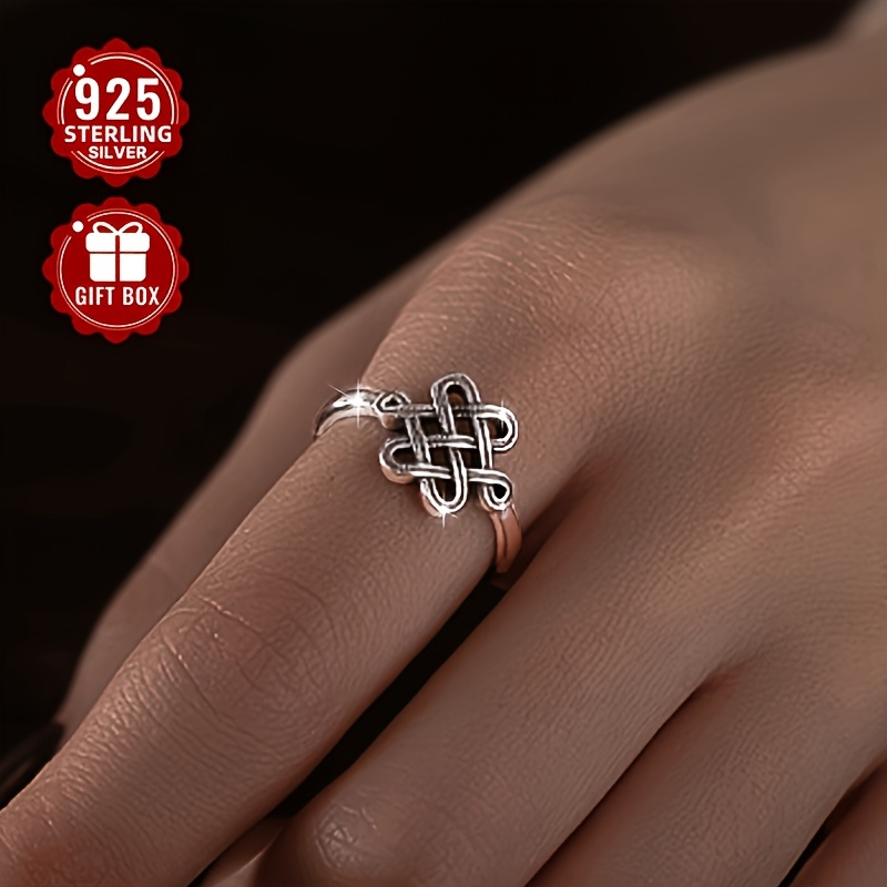 S925 Sterling Silvery Lucky Chinese Knot Adjustable Ring