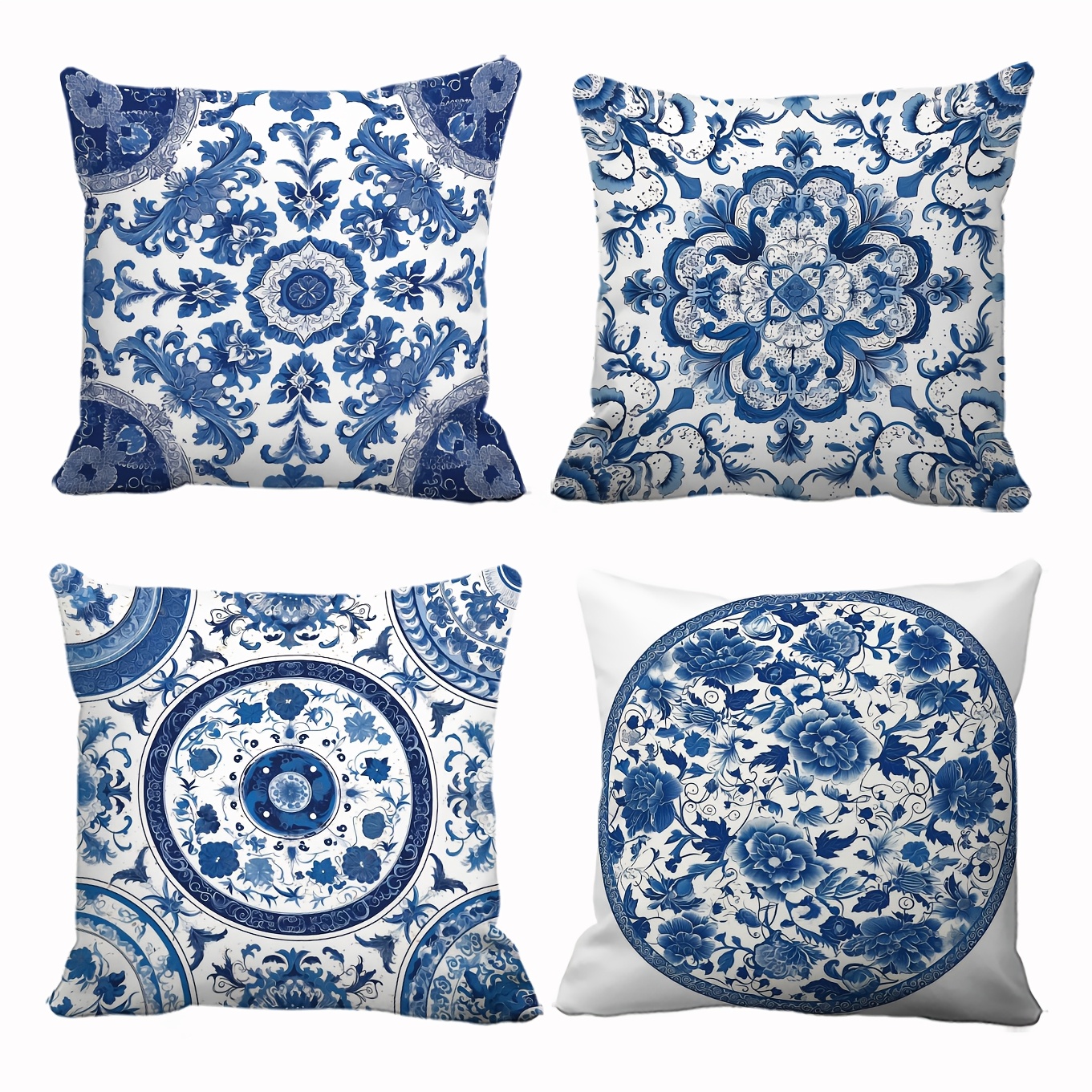 TEMU 4pcs Set Vintage Bohemian Ethnic Style Blue And White Porcelain Navy Blue Pattern Pillowcases, Suitable For Office, Home Holiday Parties, Sofa,