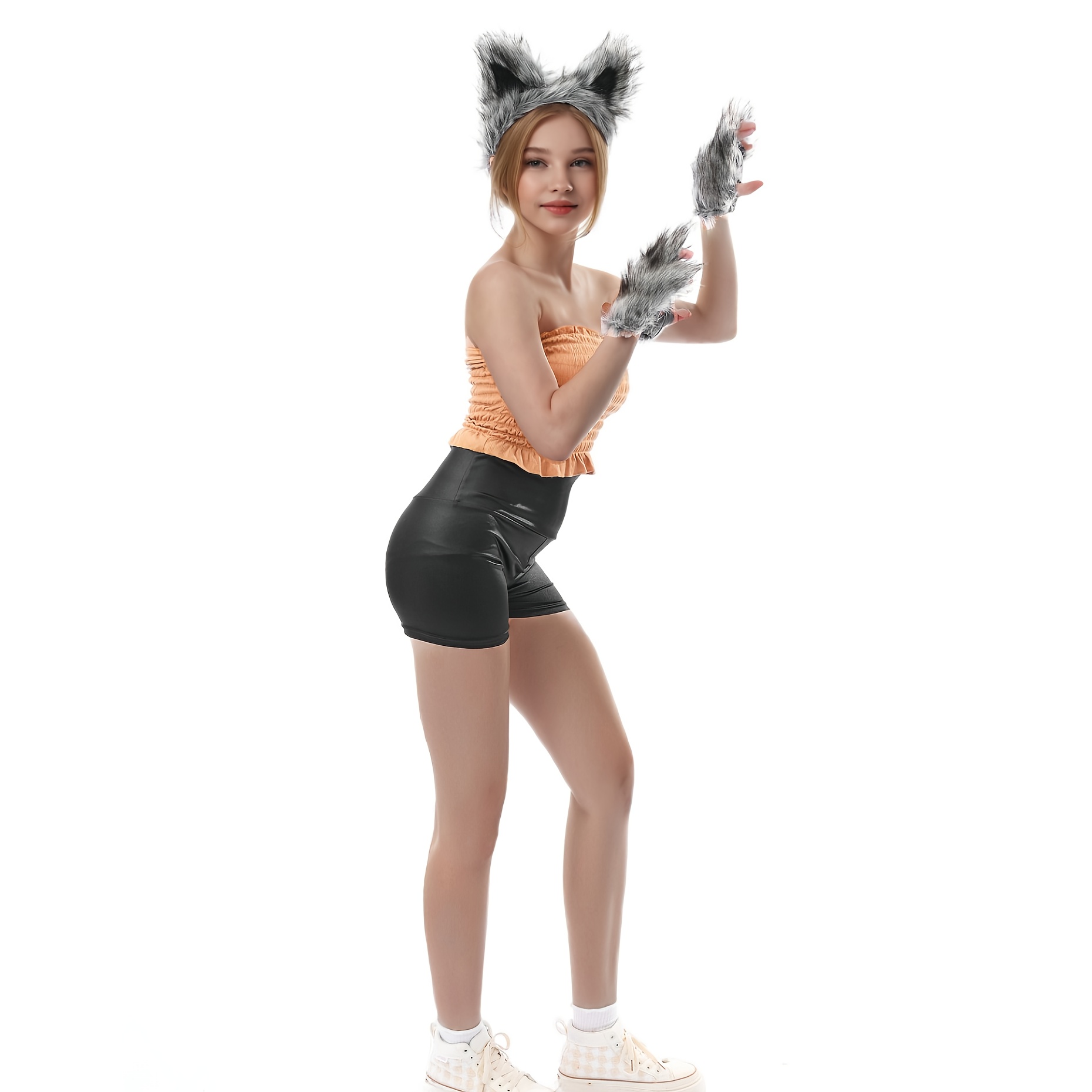 Image of A Set Of Wolf Gloves And A Wolf Headband, Perfect For Halloween, Christmas, And Parties