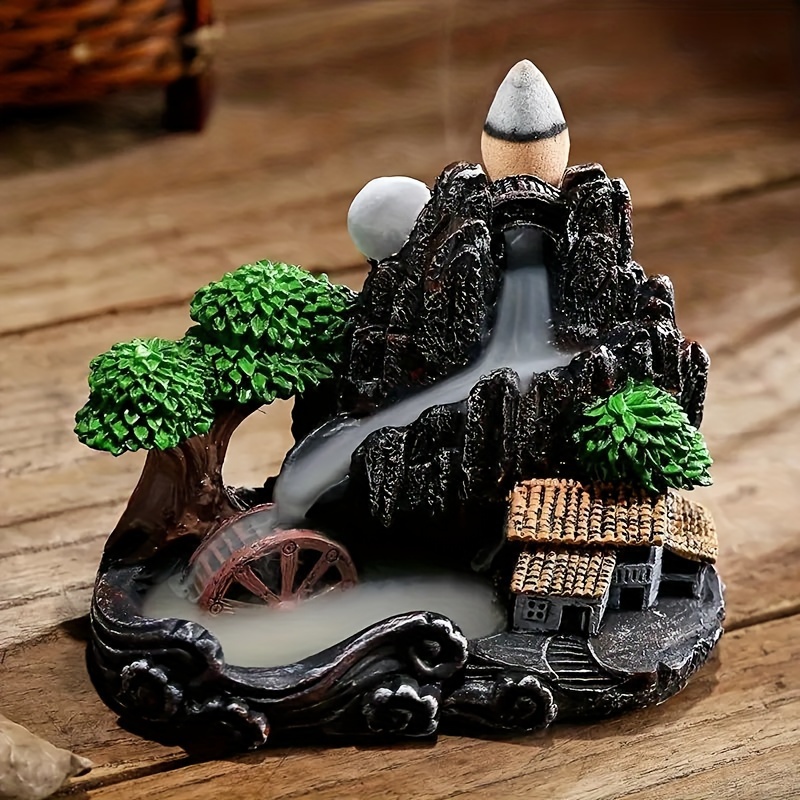 TEMU 1pc Waterfall - Handcrafted Resin & Ceramic, Traditional Chinese Architecture Design With Smoke- Feature For & Relaxation, Ideal Gift, Holder