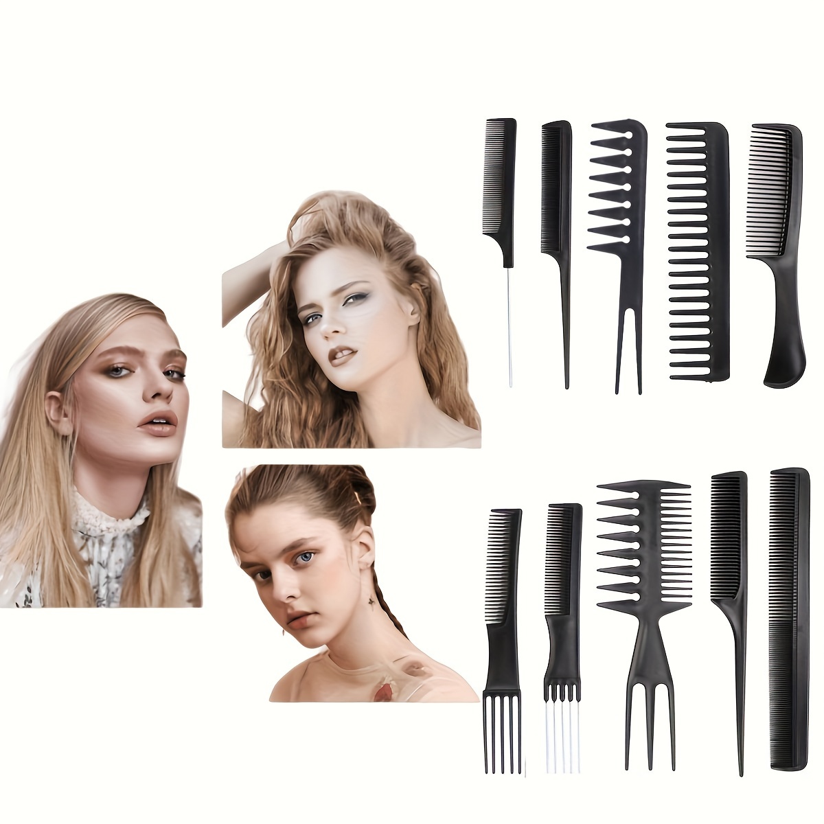 

10pcs Barber Hairdressing Comb Set, Professional Hair Styling Comb, Black Plastic Practical Tool Supplies