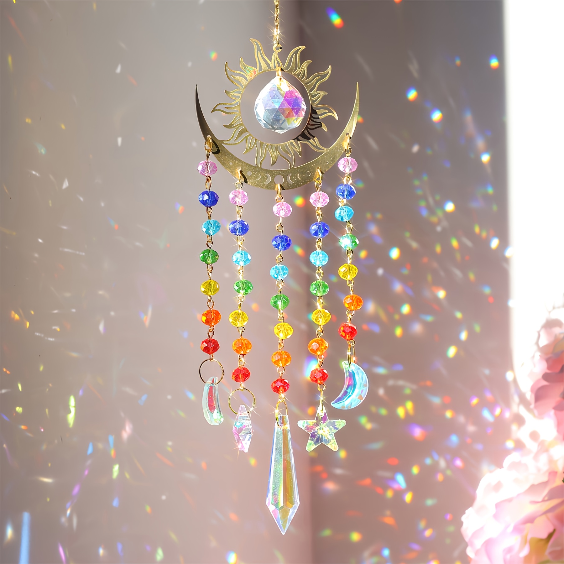 Image of 1pc Vibrant Rainbow And Sun Catcher - Christmas Outdoor Glass Prism Hanging