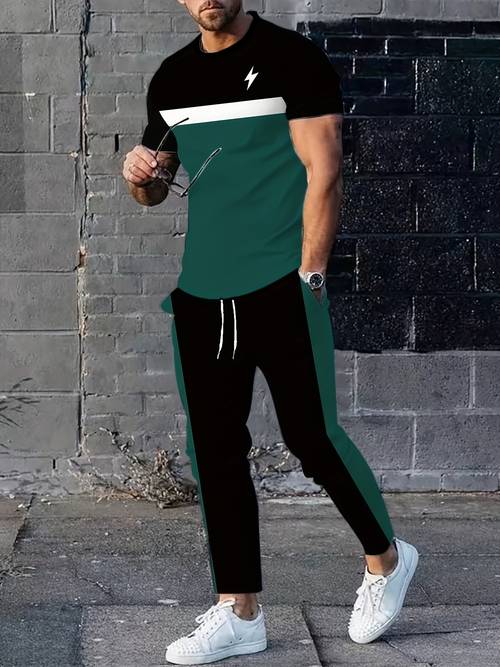 mens striped printed short sleeve top and pants set outdoor street casual sport two piece set