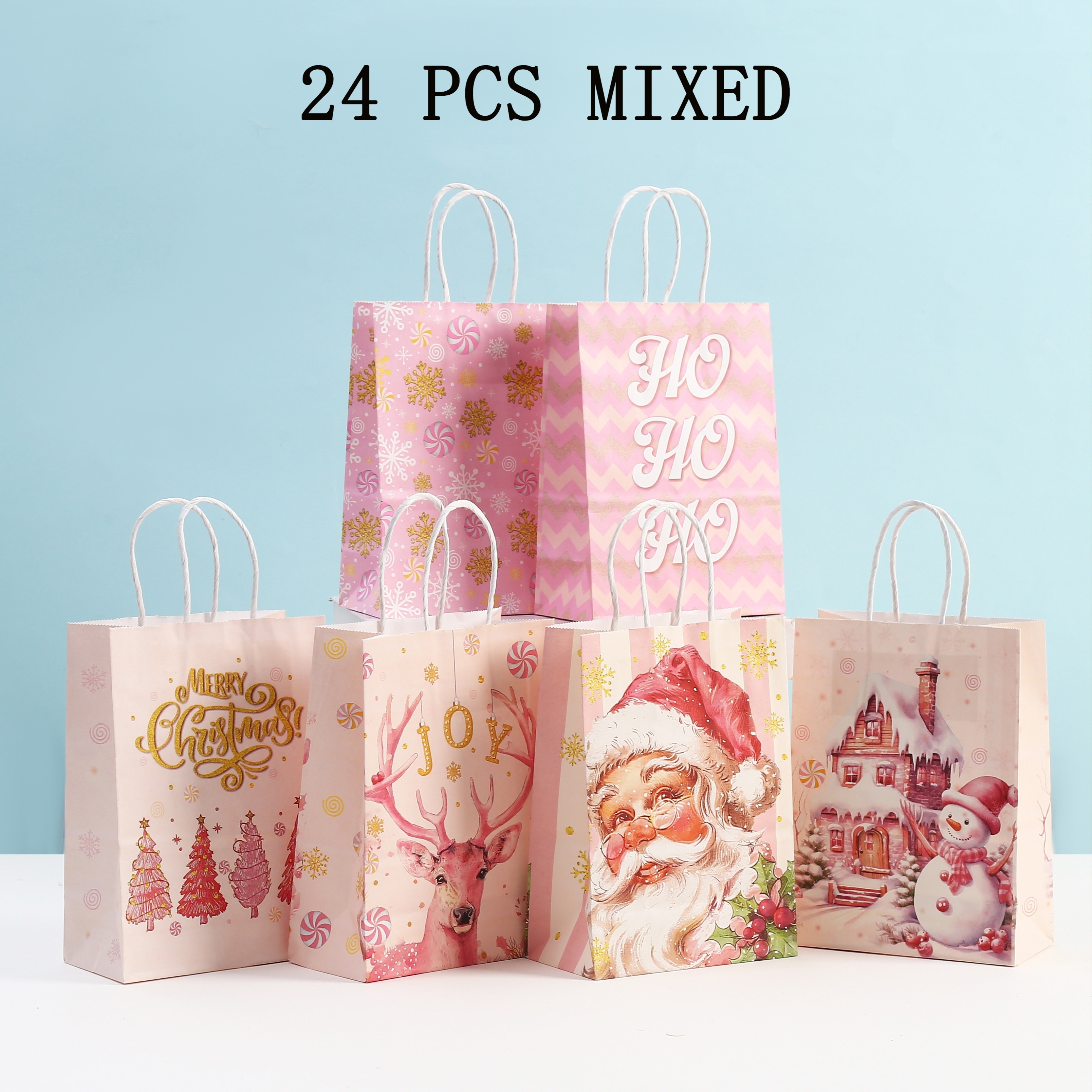 24pcs Christmas Gift Bags Bulk Pink Paper Bags With Handle Birthday Bags Paper Present Bag For Party Birthday Wrapping Xmas Holiday Presents
