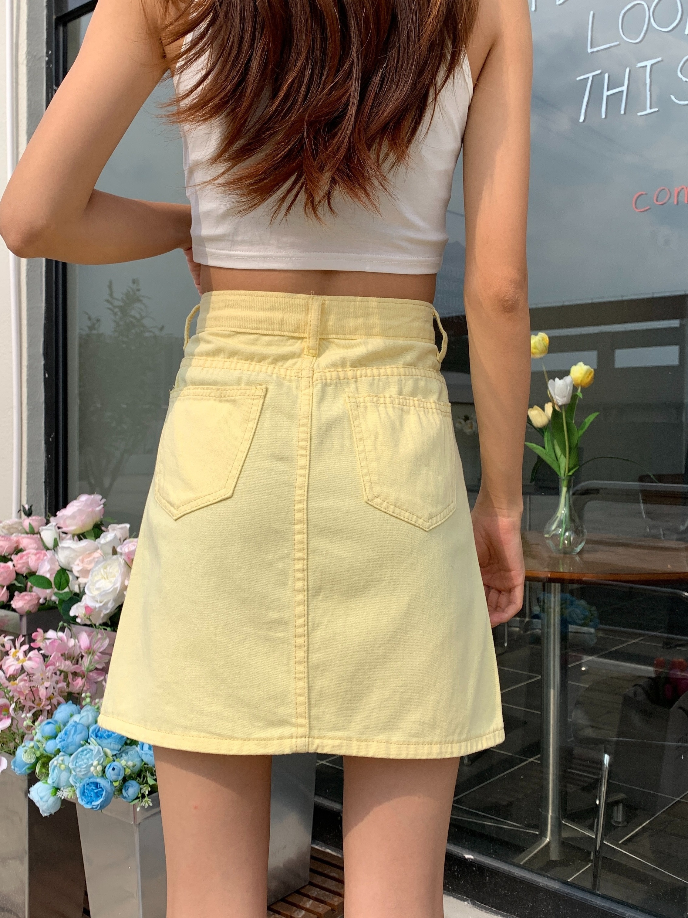 1pc K7549 High Waist A-Line Denim Skirt for Women Casual Solid Color  Stretch, Regular Fit, Washed Detail Woven Fabric Versa