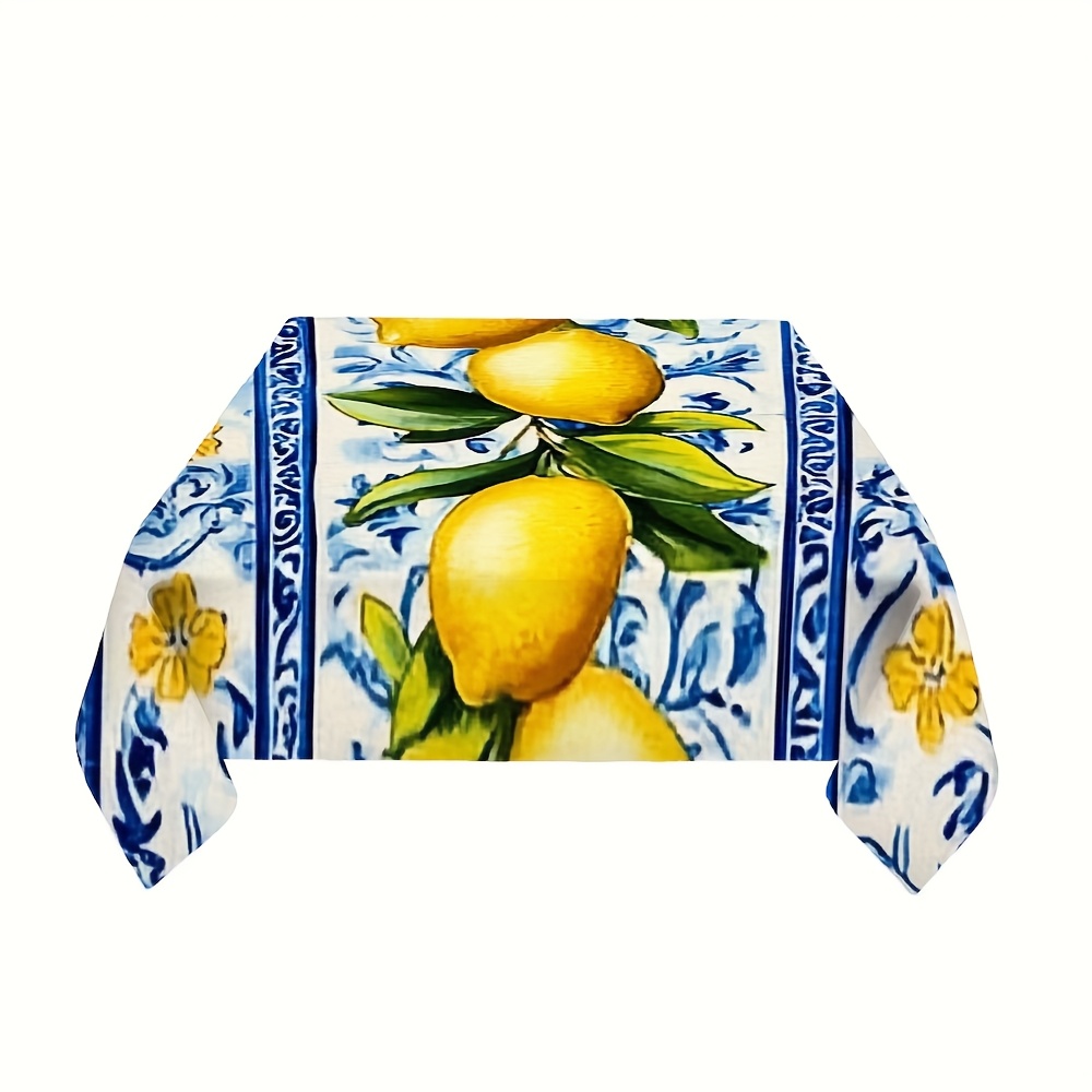 TEMU 2d Flat Tablecloth, 1pc - Lemon Mosaic Floral Pattern With Blue Tiles, Durable For Indoor/outdoor Party And Restaurant Decoration. Suitable For