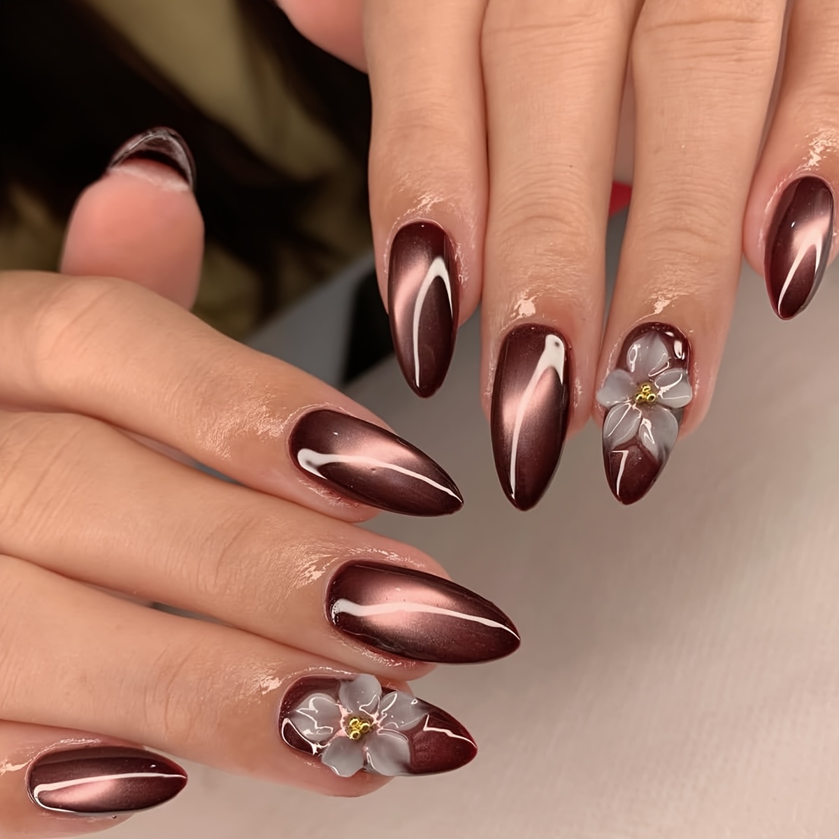 TEMU Upgrade Your Look, 24pcs Medium Almond Cat-eye False Nails, Sparkly Glossy -eye Wearable Nail Design With 3d Floral Decorations, Full Coverage