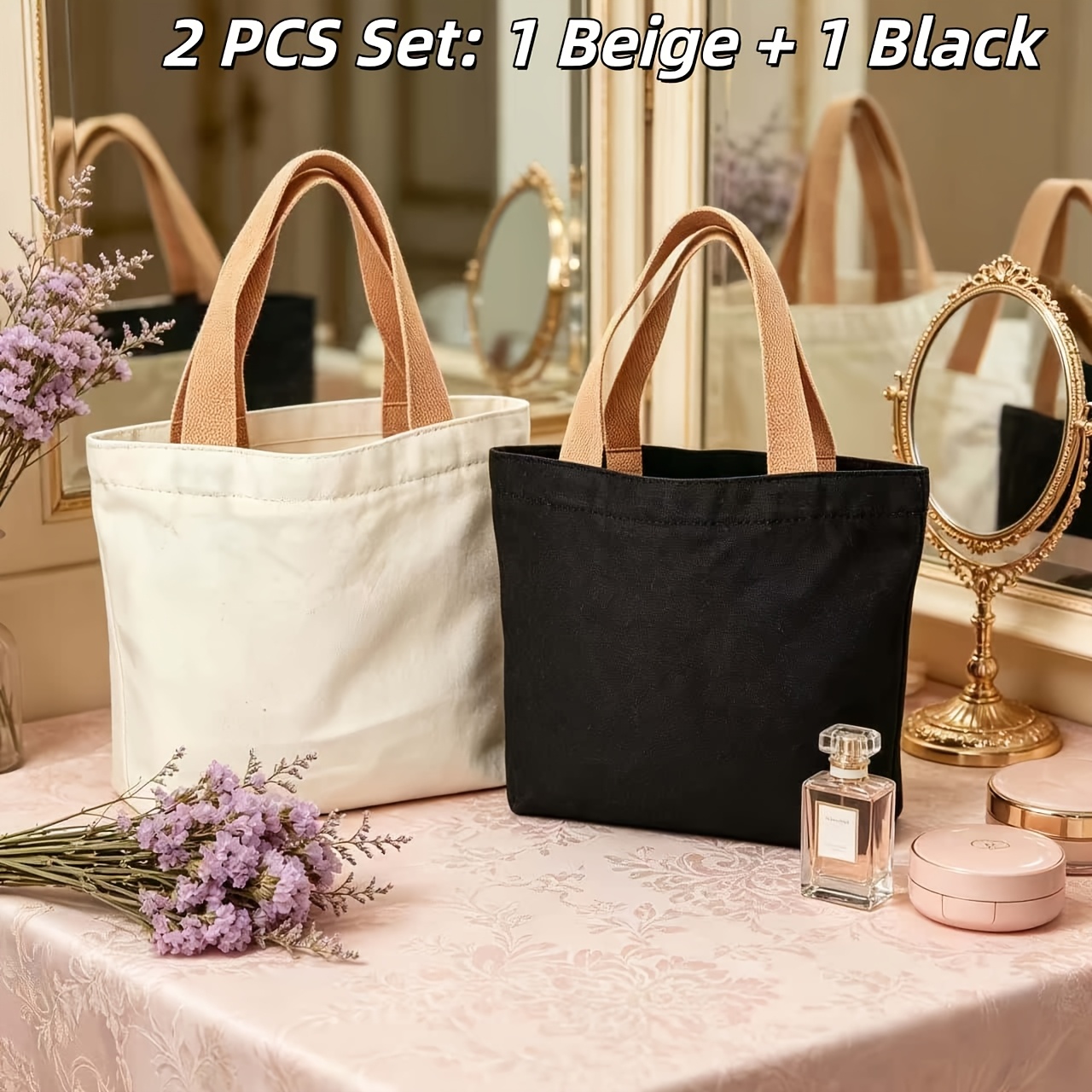 TEMU 2 Tote Bags, Beige And Black Set, Zippered Clutch, Reusable Daily Casual Mini Shoulder Bag, Suitable For And Shopping