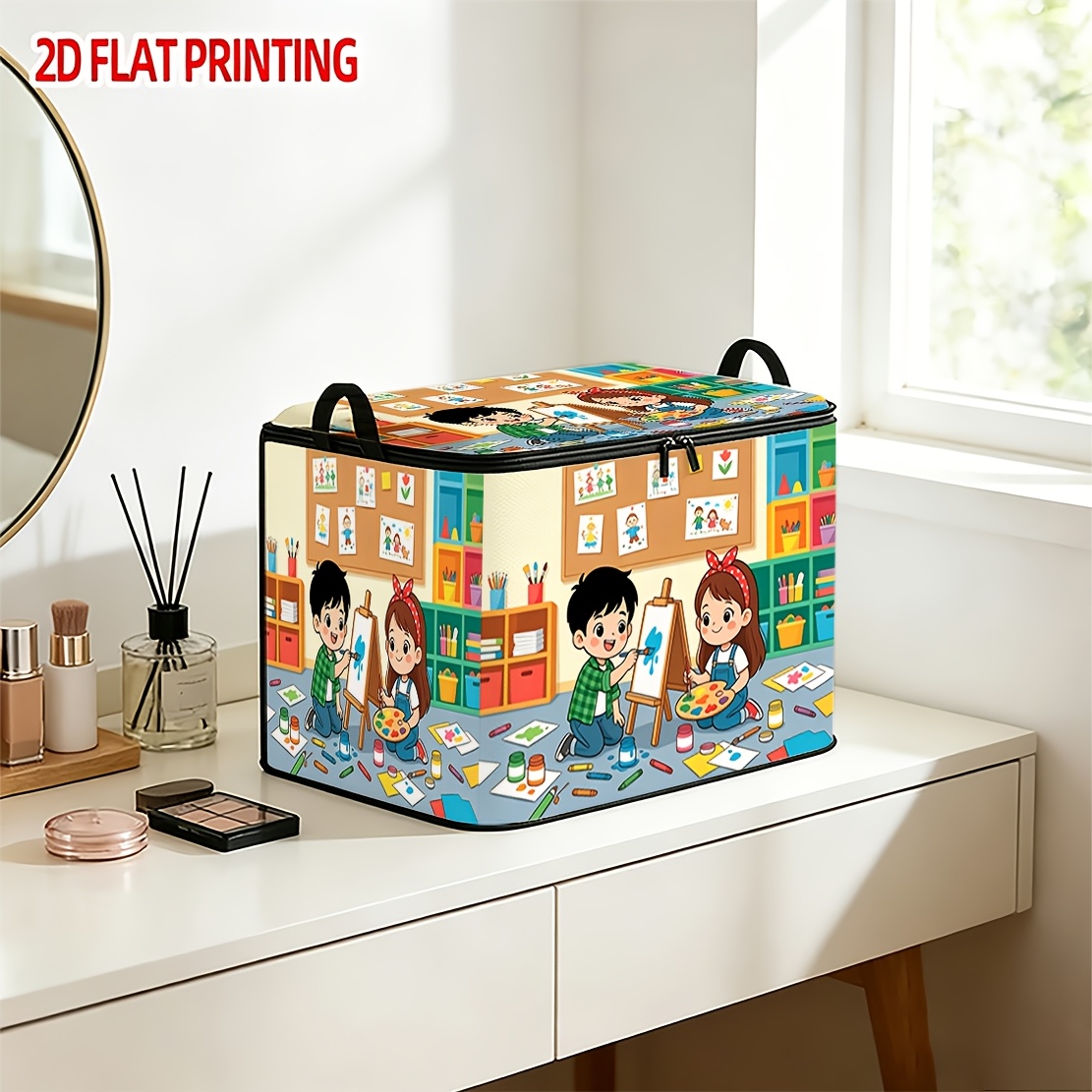 TEMU 1 boîte de rangement pliable à fermeture éclair avec motif de dessin , pour la peinture, et de . Parfaite pour les , , les vêtements, les